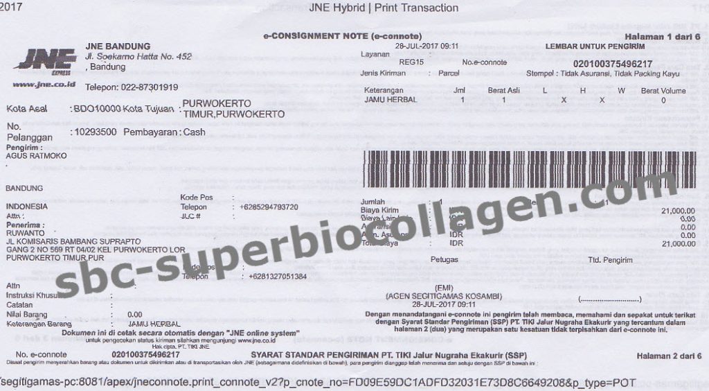 Bukti Kirim SBC Super Bio Collagen ke Purwokerto Jawa Tengah