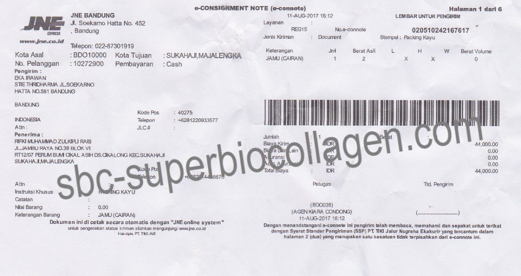 Bukti Pengiriman Superbiocollagen ke Malajangka